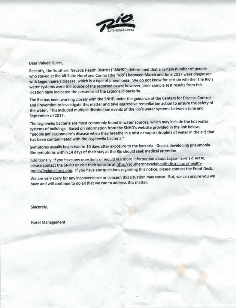 copy of letter the rio hotel sent to guests following legionnaires' disease outbreak
