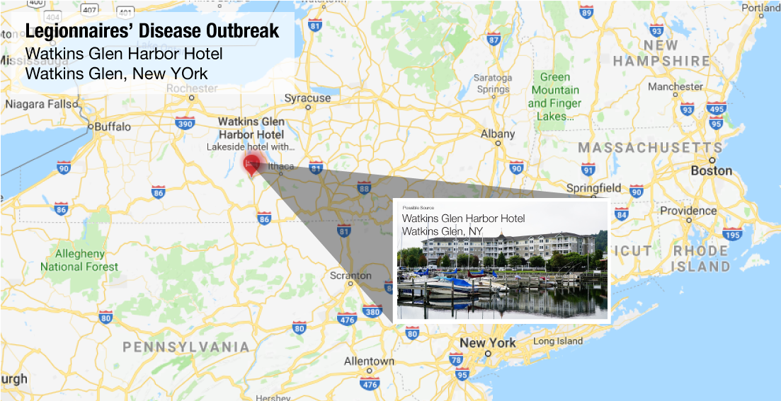 map of new york state pinpointing location of possible legionnaires outbreak at watkins glen harbor hotel